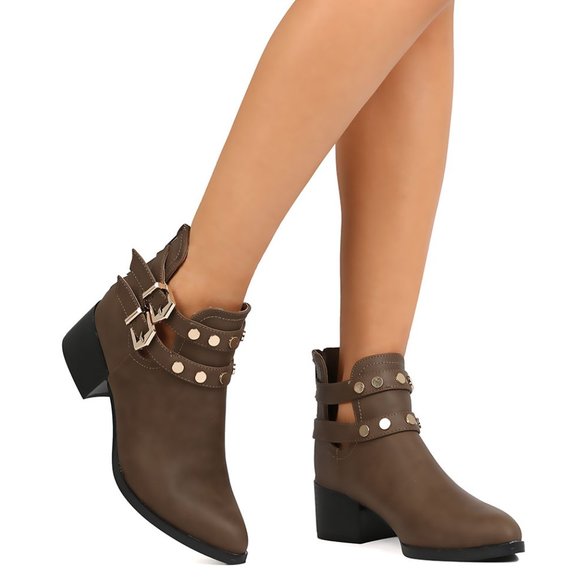 Qupid Shoes - Pointy Toe Gold Round Studded Buckled Cutout Block Heel Ankle Booties